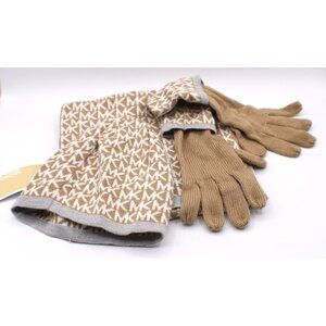 Michael Kors Matching Tan & White Monogram Knit Gloves Scarf & Beanie Set NWT